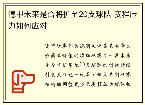 德甲未来是否将扩至20支球队 赛程压力如何应对